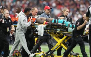 Dolphins’ Grant DuBose needs his shirt cut Left the game on a stretcher after a horrifying clash with the Texans.