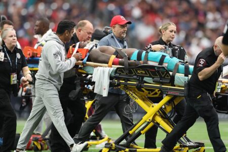 Dolphins’ Grant DuBose needs his shirt cut Left the game on a stretcher after a horrifying clash with the Texans.