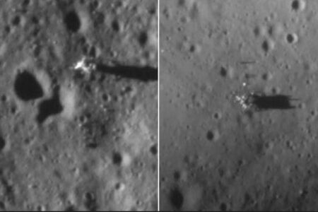 Spacecraft photos show the lunar module from the first two moon landings more than 50 years later.